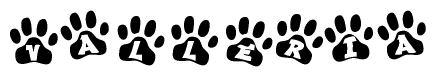 The image shows a series of animal paw prints arranged horizontally. Within each paw print, there's a letter; together they spell Valleria