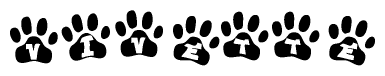 The image shows a row of animal paw prints, each containing a letter. The letters spell out the word Vivette within the paw prints.