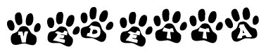 The image shows a row of animal paw prints, each containing a letter. The letters spell out the word Vedetta within the paw prints.