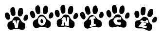 The image shows a series of animal paw prints arranged horizontally. Within each paw print, there's a letter; together they spell Vonice