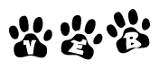 The image shows a series of animal paw prints arranged horizontally. Within each paw print, there's a letter; together they spell Veb