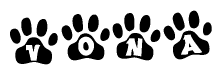 The image shows a series of animal paw prints arranged horizontally. Within each paw print, there's a letter; together they spell Vona