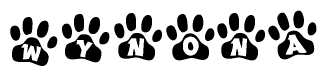 The image shows a series of animal paw prints arranged horizontally. Within each paw print, there's a letter; together they spell Wynona