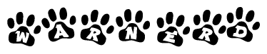The image shows a series of animal paw prints arranged in a horizontal line. Each paw print contains a letter, and together they spell out the word Warnerd.