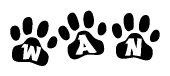 The image shows a series of animal paw prints arranged in a horizontal line. Each paw print contains a letter, and together they spell out the word Wan.