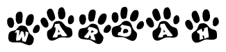 The image shows a series of animal paw prints arranged in a horizontal line. Each paw print contains a letter, and together they spell out the word Wardah.