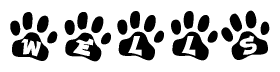 The image shows a row of animal paw prints, each containing a letter. The letters spell out the word Wells within the paw prints.