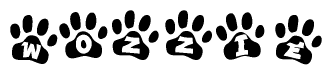The image shows a series of animal paw prints arranged in a horizontal line. Each paw print contains a letter, and together they spell out the word Wozzie.