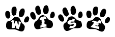 The image shows a row of animal paw prints, each containing a letter. The letters spell out the word Wise within the paw prints.
