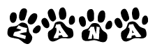 The image shows a series of animal paw prints arranged in a horizontal line. Each paw print contains a letter, and together they spell out the word Zana.