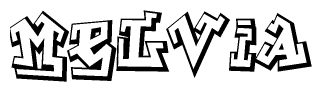 The clipart image depicts the word Melvia in a style reminiscent of graffiti. The letters are drawn in a bold, block-like script with sharp angles and a three-dimensional appearance.