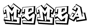 The image is a stylized representation of the letters Memea designed to mimic the look of graffiti text. The letters are bold and have a three-dimensional appearance, with emphasis on angles and shadowing effects.