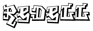 The clipart image depicts the word Redell in a style reminiscent of graffiti. The letters are drawn in a bold, block-like script with sharp angles and a three-dimensional appearance.