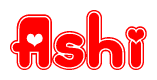 The image is a clipart featuring the word Ashi written in a stylized font with a heart shape replacing inserted into the center of each letter. The color scheme of the text and hearts is red with a light outline.