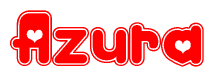 The image is a red and white graphic with the word Azura written in a decorative script. Each letter in  is contained within its own outlined bubble-like shape. Inside each letter, there is a white heart symbol.