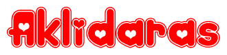 The image is a red and white graphic with the word Aklidaras written in a decorative script. Each letter in  is contained within its own outlined bubble-like shape. Inside each letter, there is a white heart symbol.