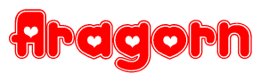 The image is a red and white graphic with the word Aragorn written in a decorative script. Each letter in  is contained within its own outlined bubble-like shape. Inside each letter, there is a white heart symbol.