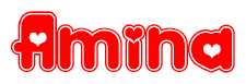 The image is a red and white graphic with the word Amina written in a decorative script. Each letter in  is contained within its own outlined bubble-like shape. Inside each letter, there is a white heart symbol.