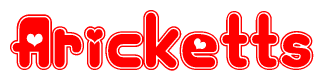 The image is a red and white graphic with the word Aricketts written in a decorative script. Each letter in  is contained within its own outlined bubble-like shape. Inside each letter, there is a white heart symbol.