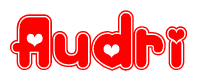 The image is a red and white graphic with the word Audri written in a decorative script. Each letter in  is contained within its own outlined bubble-like shape. Inside each letter, there is a white heart symbol.