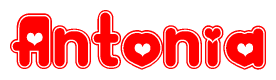 The image is a clipart featuring the word Antonia written in a stylized font with a heart shape replacing inserted into the center of each letter. The color scheme of the text and hearts is red with a light outline.