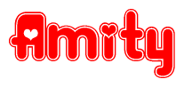 The image is a clipart featuring the word Amity written in a stylized font with a heart shape replacing inserted into the center of each letter. The color scheme of the text and hearts is red with a light outline.