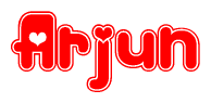The image is a red and white graphic with the word Arjun written in a decorative script. Each letter in  is contained within its own outlined bubble-like shape. Inside each letter, there is a white heart symbol.