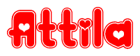 The image is a red and white graphic with the word Attila written in a decorative script. Each letter in  is contained within its own outlined bubble-like shape. Inside each letter, there is a white heart symbol.