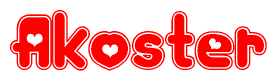 The image displays the word Akoster written in a stylized red font with hearts inside the letters.
