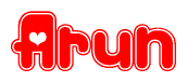 The image is a red and white graphic with the word Arun written in a decorative script. Each letter in  is contained within its own outlined bubble-like shape. Inside each letter, there is a white heart symbol.
