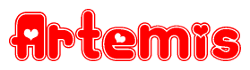 The image is a red and white graphic with the word Artemis written in a decorative script. Each letter in  is contained within its own outlined bubble-like shape. Inside each letter, there is a white heart symbol.