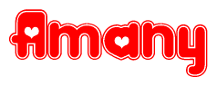 The image is a clipart featuring the word Amany written in a stylized font with a heart shape replacing inserted into the center of each letter. The color scheme of the text and hearts is red with a light outline.