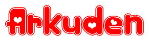 The image displays the word Arkuden written in a stylized red font with hearts inside the letters.