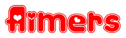 The image is a red and white graphic with the word Aimers written in a decorative script. Each letter in  is contained within its own outlined bubble-like shape. Inside each letter, there is a white heart symbol.