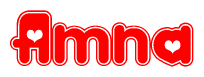 The image is a red and white graphic with the word Amna written in a decorative script. Each letter in  is contained within its own outlined bubble-like shape. Inside each letter, there is a white heart symbol.