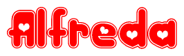 The image displays the word Alfreda written in a stylized red font with hearts inside the letters.