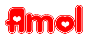 The image is a red and white graphic with the word Amol written in a decorative script. Each letter in  is contained within its own outlined bubble-like shape. Inside each letter, there is a white heart symbol.
