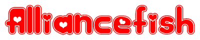 The image displays the word Alliancefish written in a stylized red font with hearts inside the letters.