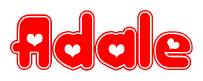The image is a red and white graphic with the word Adale written in a decorative script. Each letter in  is contained within its own outlined bubble-like shape. Inside each letter, there is a white heart symbol.