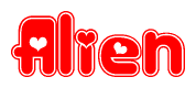 The image is a red and white graphic with the word Alien written in a decorative script. Each letter in  is contained within its own outlined bubble-like shape. Inside each letter, there is a white heart symbol.
