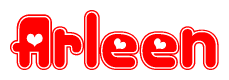 The image is a red and white graphic with the word Arleen written in a decorative script. Each letter in  is contained within its own outlined bubble-like shape. Inside each letter, there is a white heart symbol.
