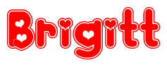 The image is a red and white graphic with the word Brigitt written in a decorative script. Each letter in  is contained within its own outlined bubble-like shape. Inside each letter, there is a white heart symbol.