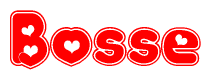 The image is a red and white graphic with the word Bosse written in a decorative script. Each letter in  is contained within its own outlined bubble-like shape. Inside each letter, there is a white heart symbol.