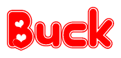 The image is a clipart featuring the word Buck written in a stylized font with a heart shape replacing inserted into the center of each letter. The color scheme of the text and hearts is red with a light outline.