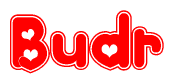 The image displays the word Budr written in a stylized red font with hearts inside the letters.