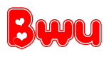 The image displays the word Bwu written in a stylized red font with hearts inside the letters.