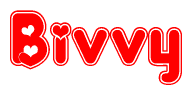 The image is a clipart featuring the word Bivvy written in a stylized font with a heart shape replacing inserted into the center of each letter. The color scheme of the text and hearts is red with a light outline.