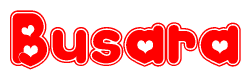 The image displays the word Busara written in a stylized red font with hearts inside the letters.