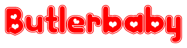 The image is a red and white graphic with the word Butlerbaby written in a decorative script. Each letter in  is contained within its own outlined bubble-like shape. Inside each letter, there is a white heart symbol.