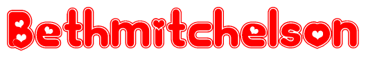 The image is a red and white graphic with the word Bethmitchelson written in a decorative script. Each letter in  is contained within its own outlined bubble-like shape. Inside each letter, there is a white heart symbol.